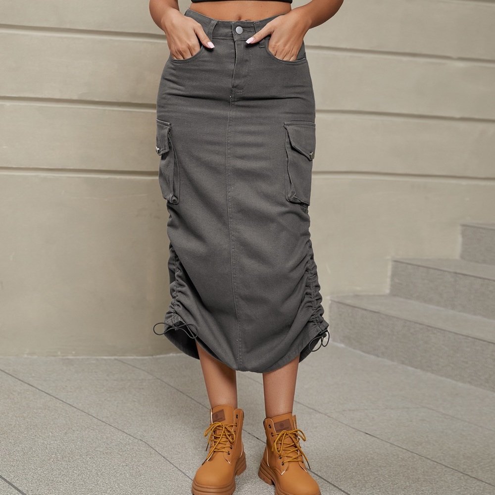Drawstring Ruched Slit Denim Midi Skirt - Picture 17 of 17